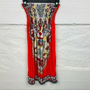 MLJY red paisley floral strapless scrunchy mini dress / swim cover size XS/S